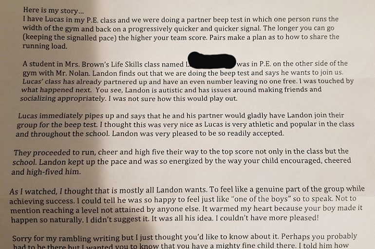 Mësuesi u shkruan prindërve një letër, per veprën dashamirëse të djalit të tyre