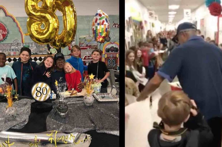 Nxënësit e shkollës fillore surprizojnë kujdestarin e tyre në ditëlindjen e 80-të