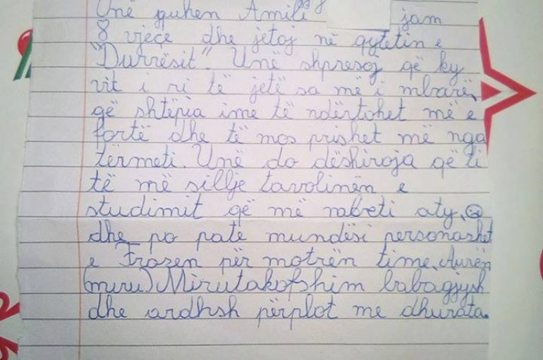 8 vjeçarja nga Durrësi, shkruan letër prekëse për babagjyshin: Dua që shtëpia të ndërtohet më e fortë dhe të mos prishet më nga tërmeti