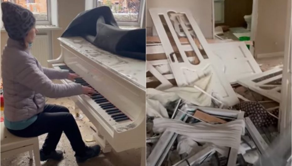 Muzikantja i jep “lamtumirën” shtëpisë së saj të bombarduar, luan në piano melodinë e preferuar